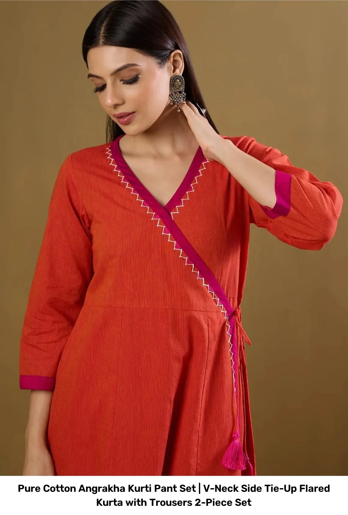 Pure Cotton Angrakha Kurti Pant Set | V-Neck Side Tie-Up Flared Kurta with Trousers 2-Piece Set 2