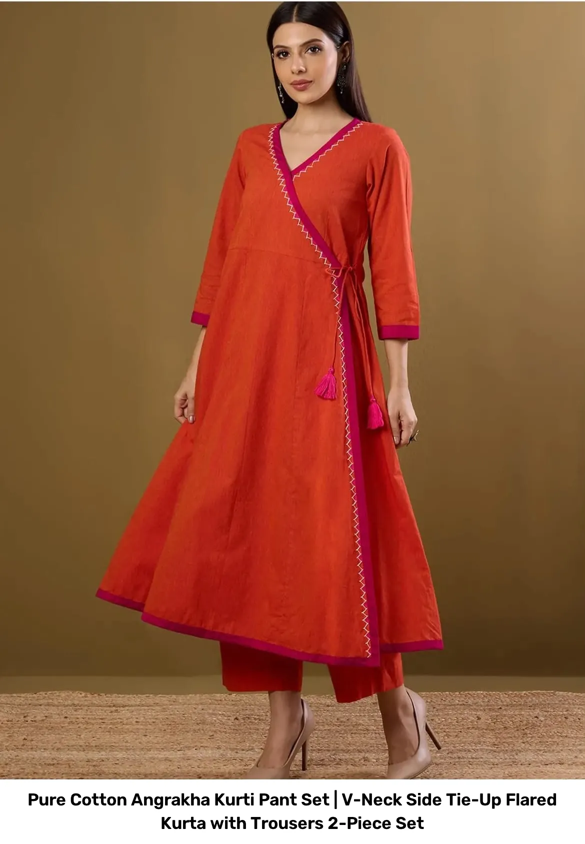 Pure Cotton Angrakha Kurti Pant Set | V-Neck Side Tie-Up Flared Kurta with Trousers 2-Piece Set 3