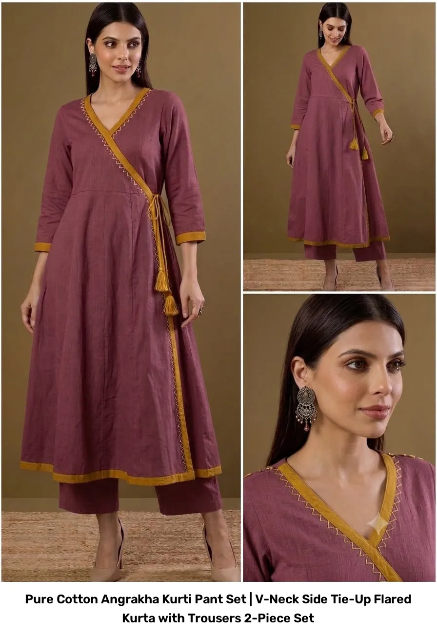 Pure Cotton Angrakha Kurti Pant Set | V-Neck Side Tie-Up Flared Kurta with Trousers 2-Piece Set 4