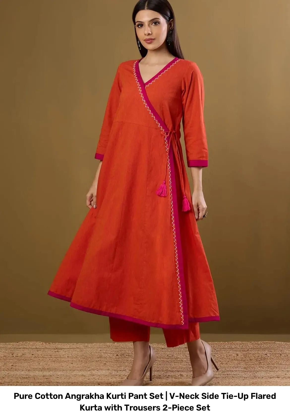 Pure Cotton Angrakha Kurti Pant Set | V-Neck Side Tie-Up Flared Kurta with Trousers 2-Piece Set 5