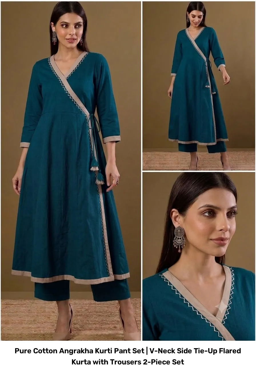Pure Cotton Angrakha Kurti Pant Set | V-Neck Side Tie-Up Flared Kurta with Trousers 2-Piece Set 6