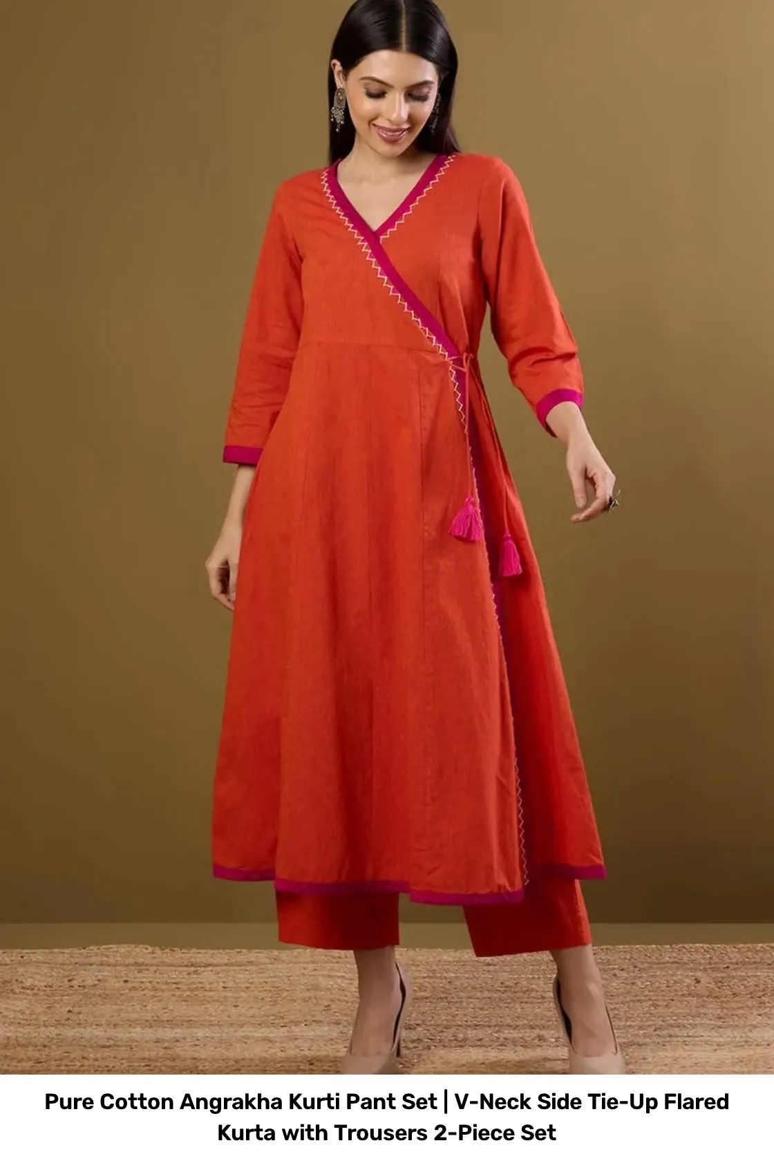 Pure Cotton Angrakha Kurti Pant Set | V-Neck Side Tie-Up Flared Kurta with Trousers 2-Piece Set 7