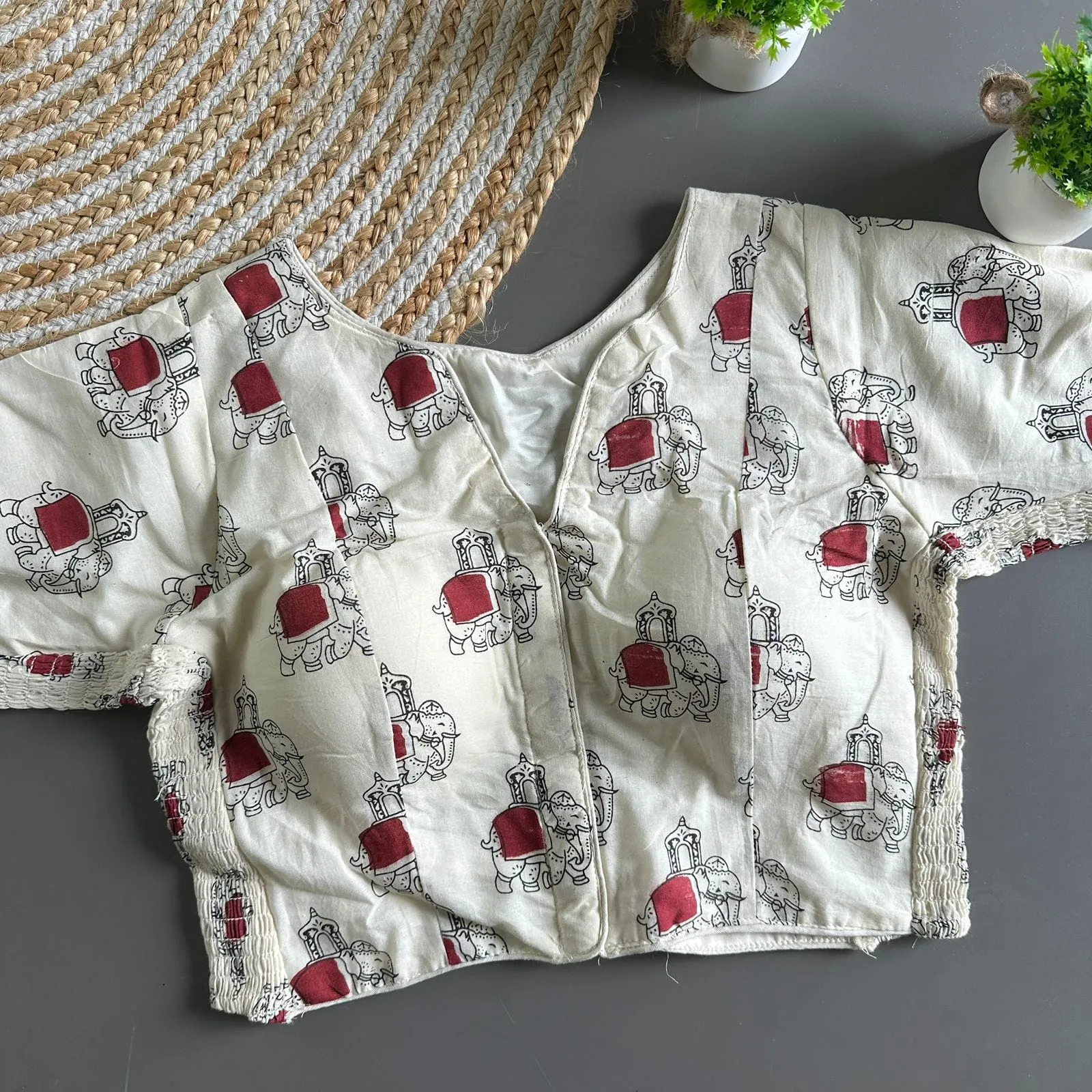 Pure Cotton Block Print Readymade Blouse | Stretchable Side Elastic Padded Saree Blouse (Size 38–42)
