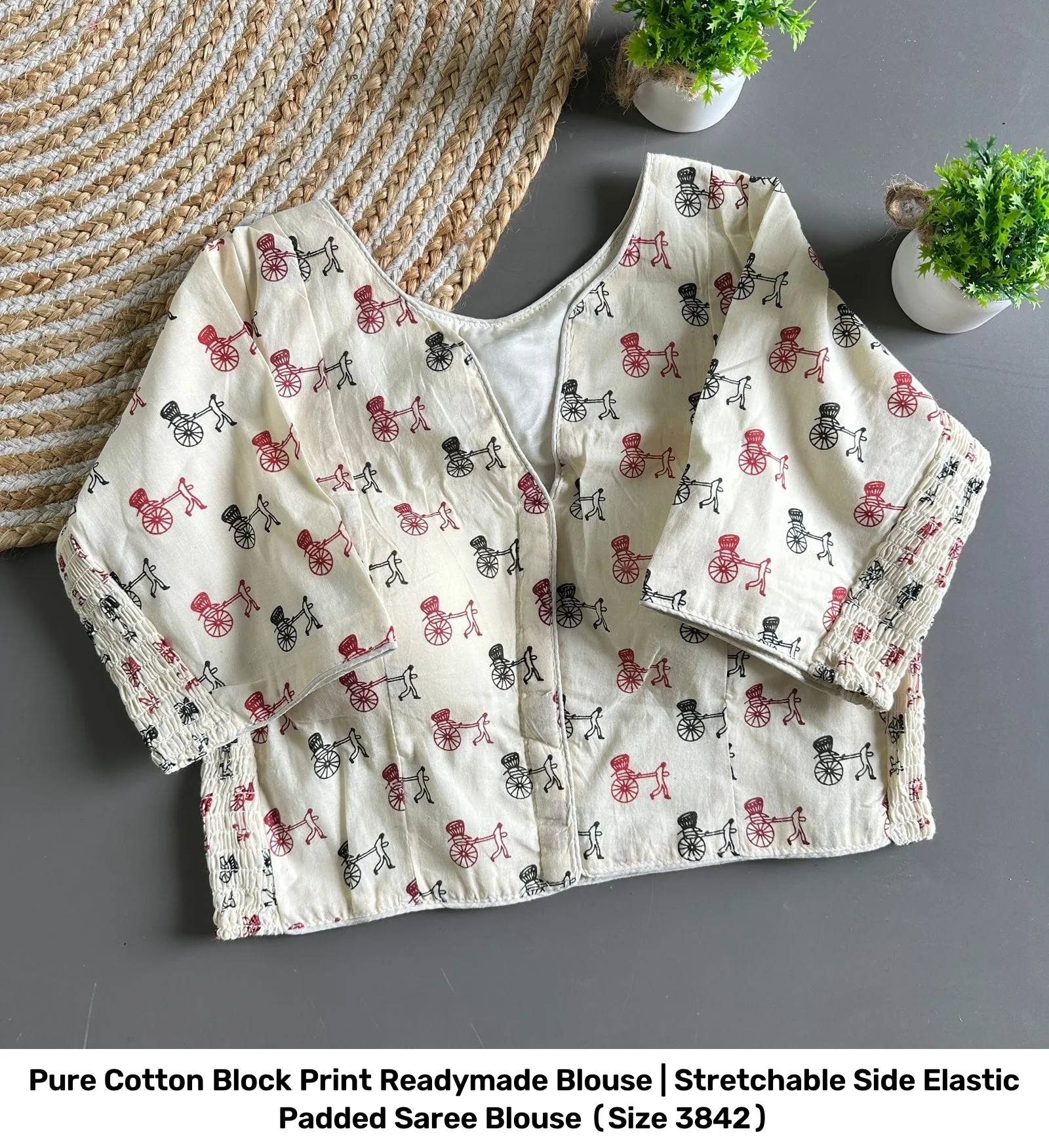 Pure Cotton Block Print Readymade Blouse | Stretchable Side Elastic Padded Saree Blouse (Size 38–42) 11