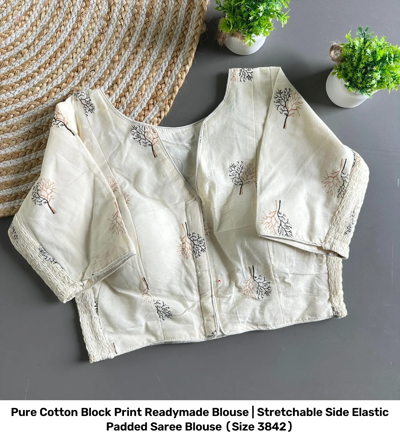 Pure Cotton Block Print Readymade Blouse | Stretchable Side Elastic Padded Saree Blouse (Size 38–42) 12