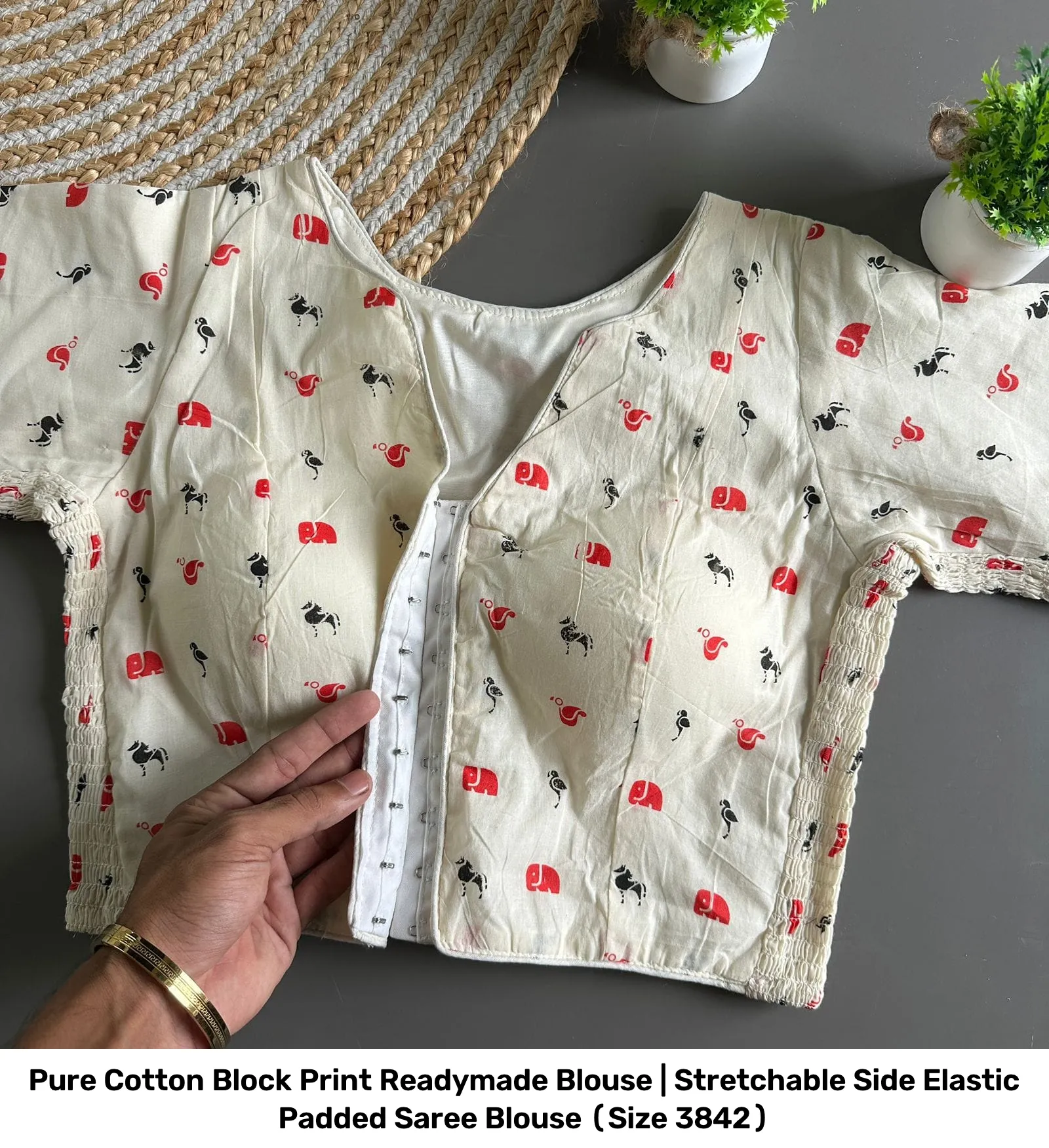 Pure Cotton Block Print Readymade Blouse | Stretchable Side Elastic Padded Saree Blouse (Size 38–42) 13