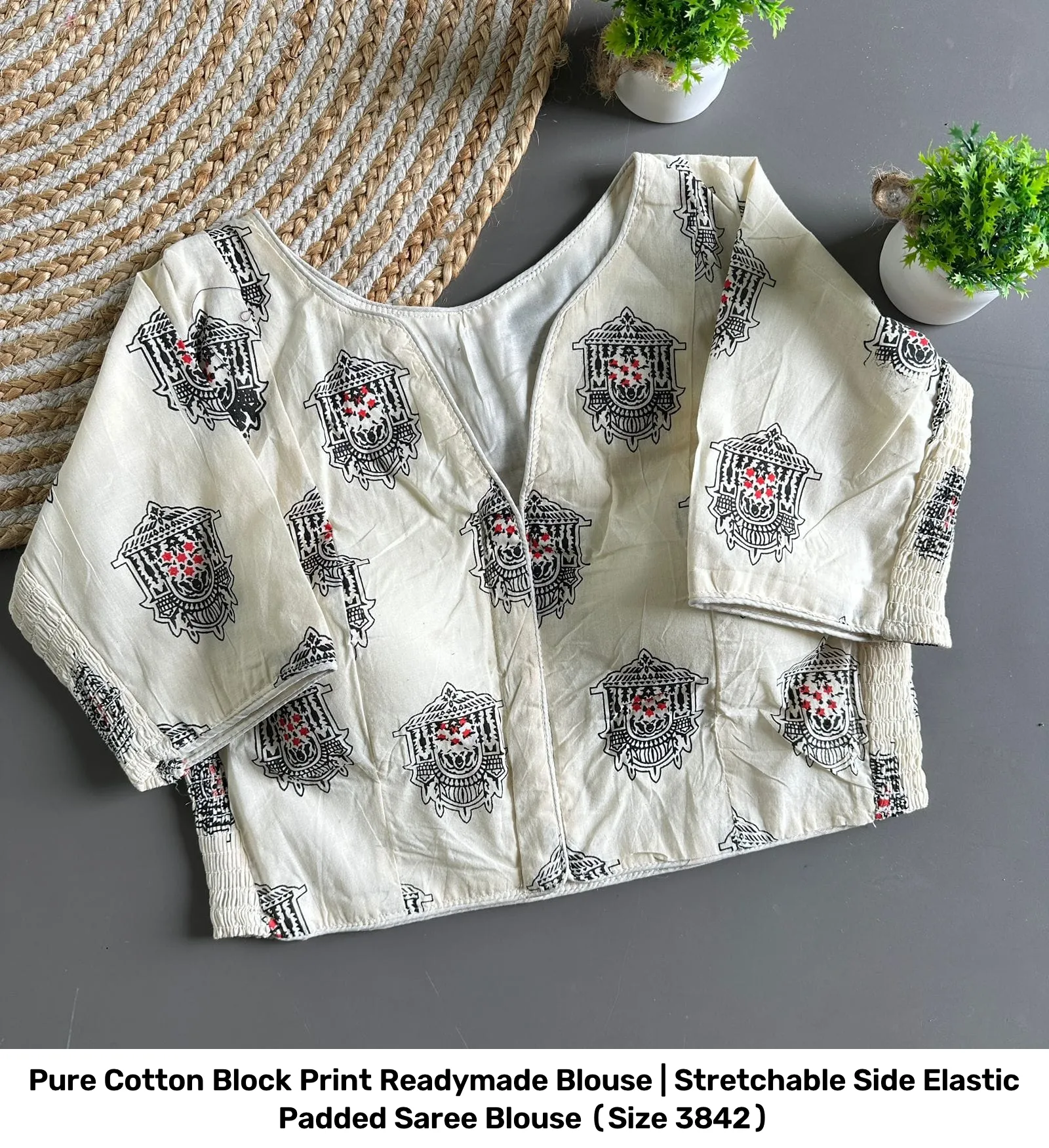 Pure Cotton Block Print Readymade Blouse | Stretchable Side Elastic Padded Saree Blouse (Size 38–42) 2