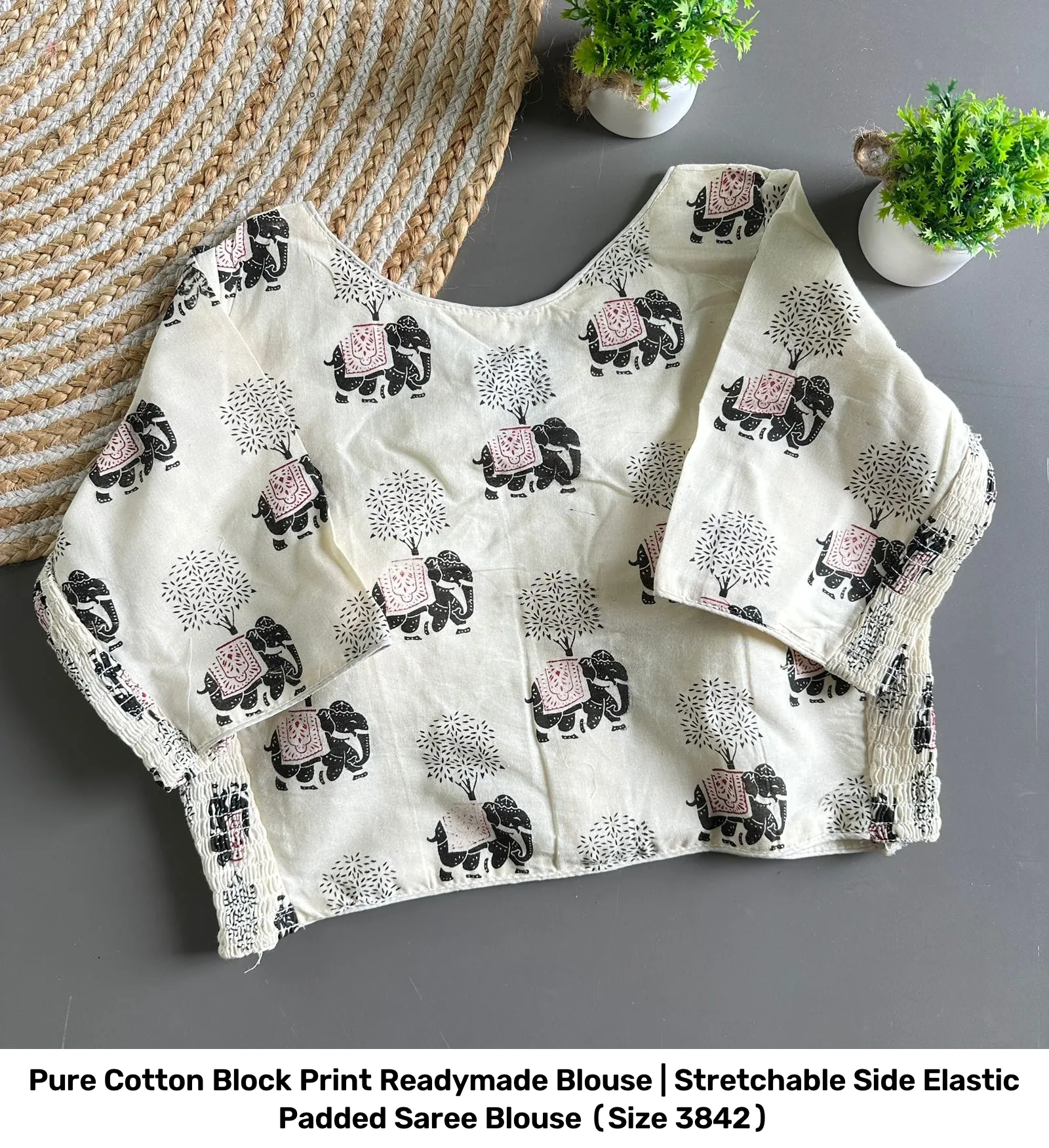 Pure Cotton Block Print Readymade Blouse | Stretchable Side Elastic Padded Saree Blouse (Size 38–42) 3