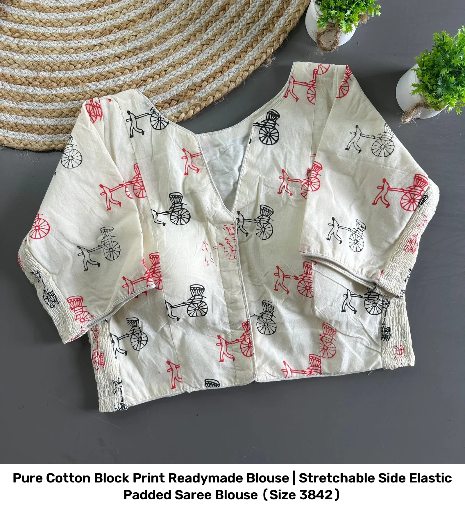 Pure Cotton Block Print Readymade Blouse | Stretchable Side Elastic Padded Saree Blouse (Size 38–42) 4