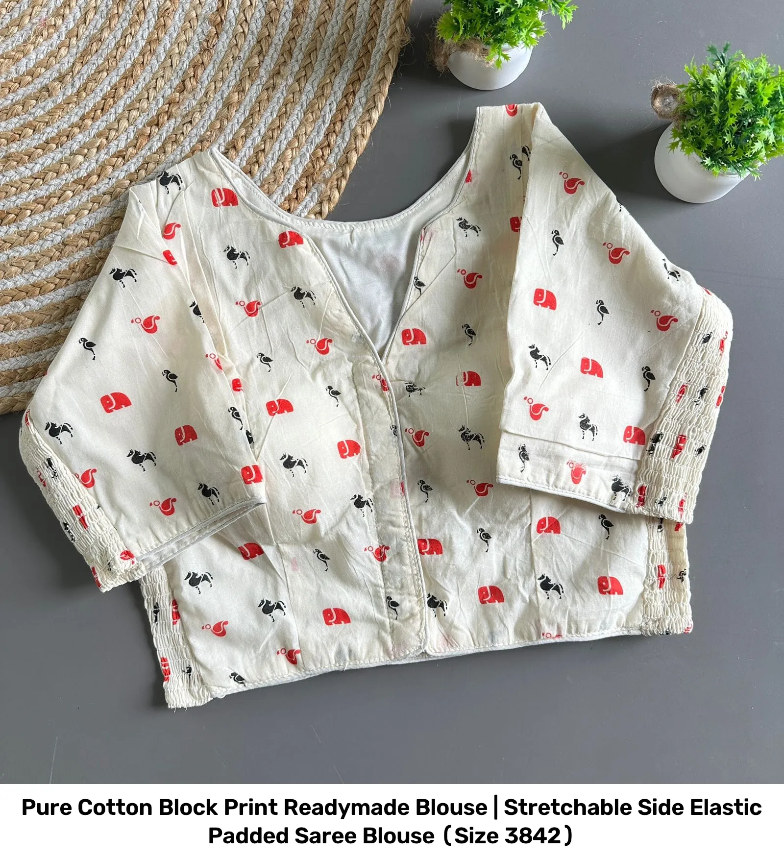 Pure Cotton Block Print Readymade Blouse | Stretchable Side Elastic Padded Saree Blouse (Size 38–42) 5