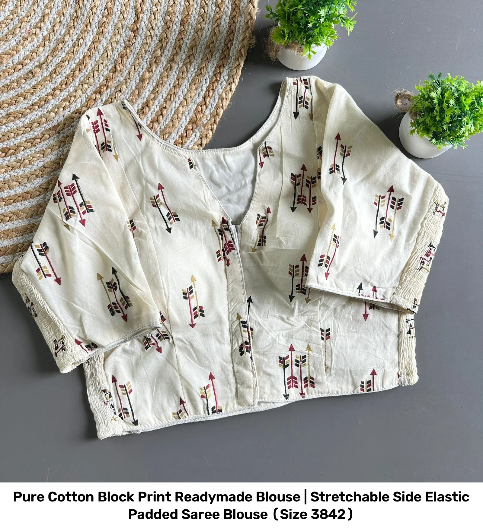 Pure Cotton Block Print Readymade Blouse | Stretchable Side Elastic Padded Saree Blouse (Size 38–42) 6