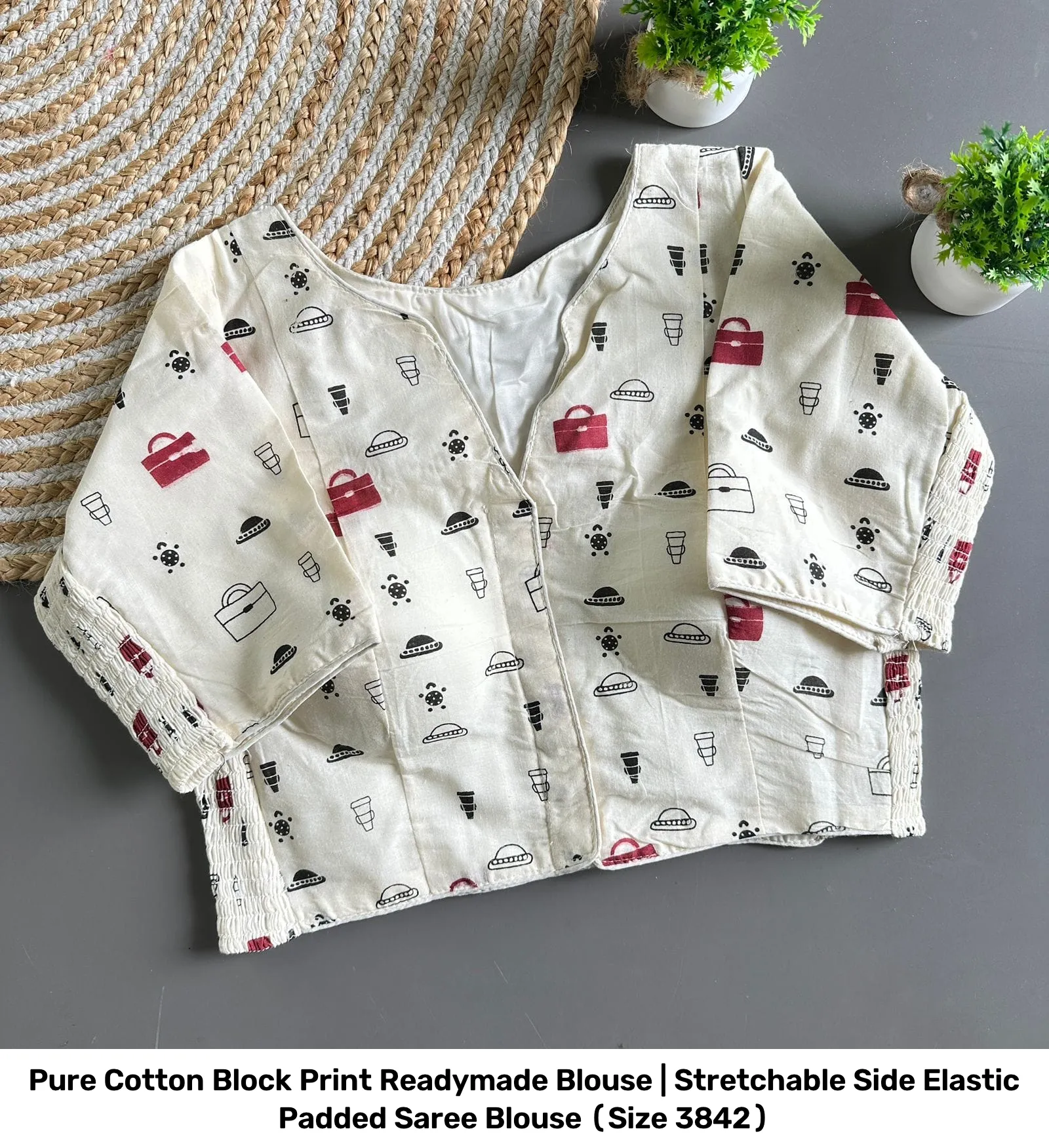 Pure Cotton Block Print Readymade Blouse | Stretchable Side Elastic Padded Saree Blouse (Size 38–42) 7