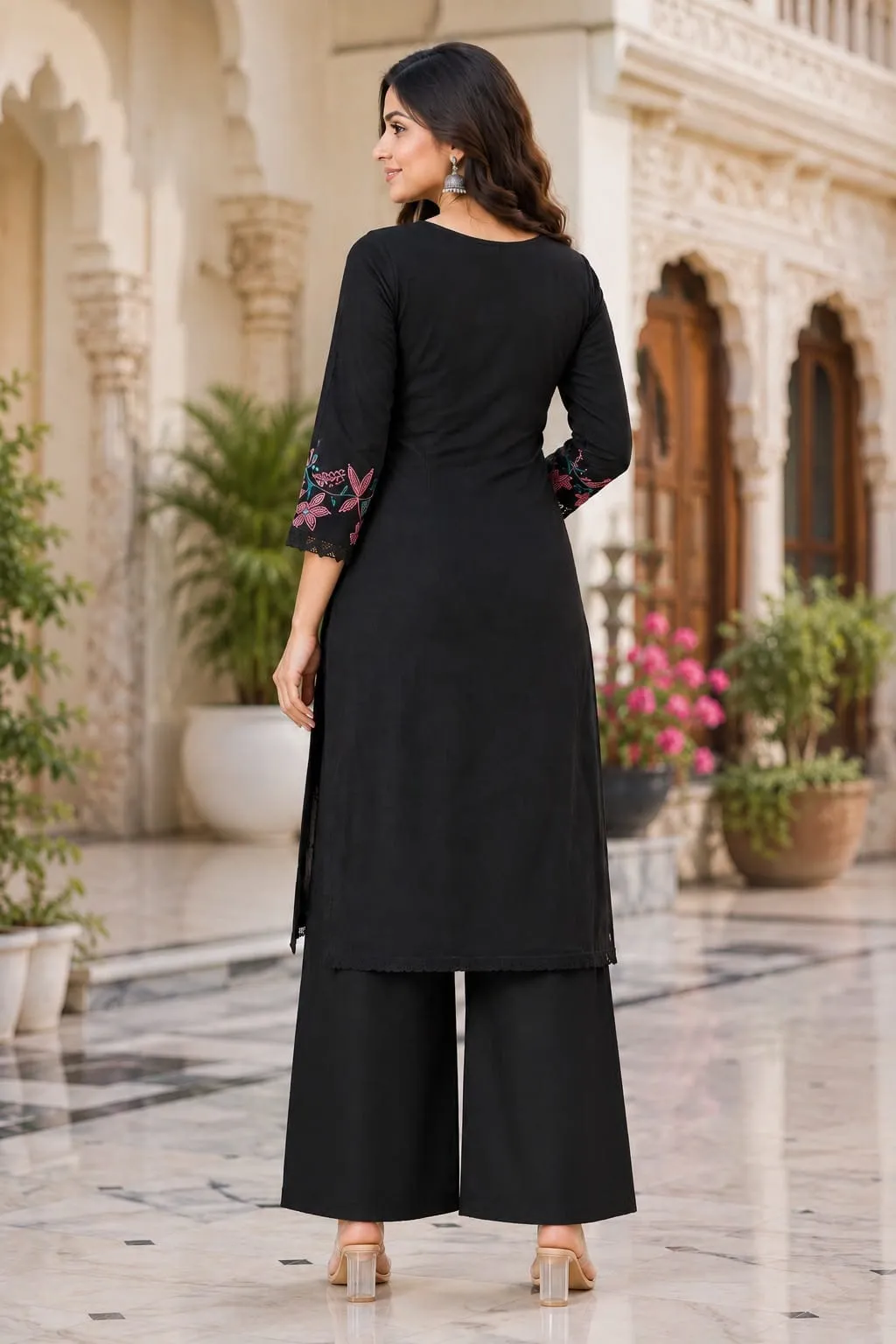 Pure Cotton Embroidered Kurti with Palazzo Set | Floral Thread Work 2 Piece Daily & Office Wear Suit