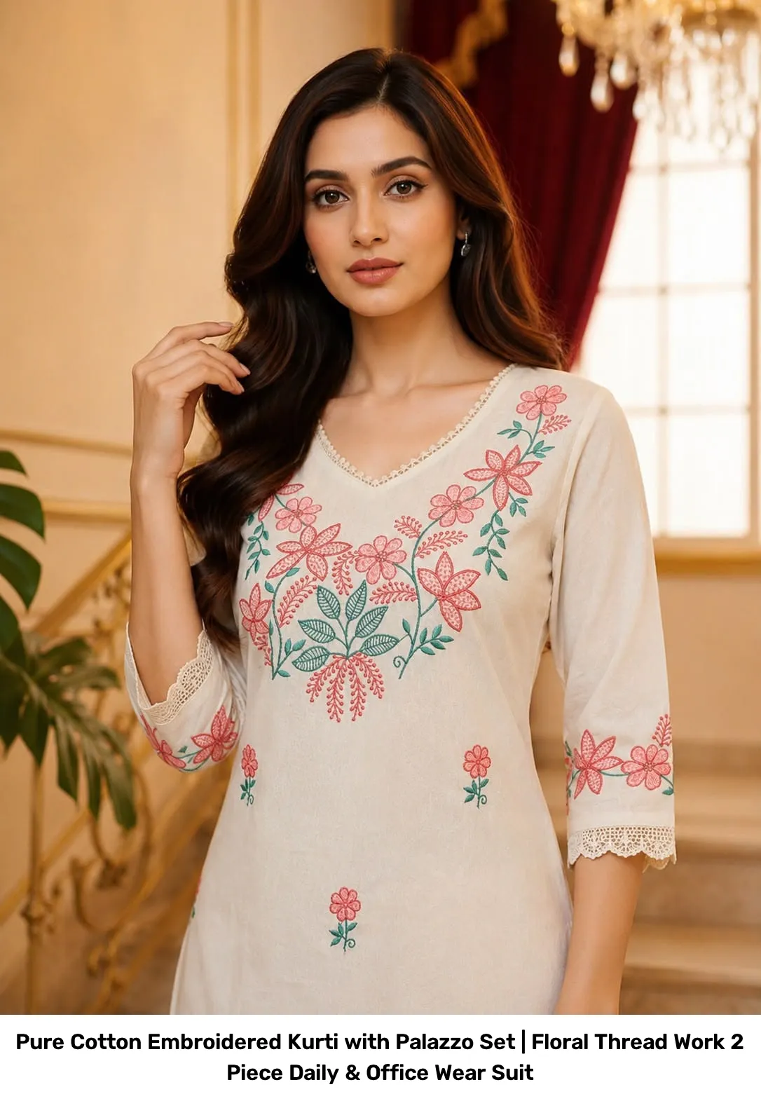 Pure Cotton Embroidered Kurti with Palazzo Set | Floral Thread Work 2 Piece Daily & Office Wear Suit 2
