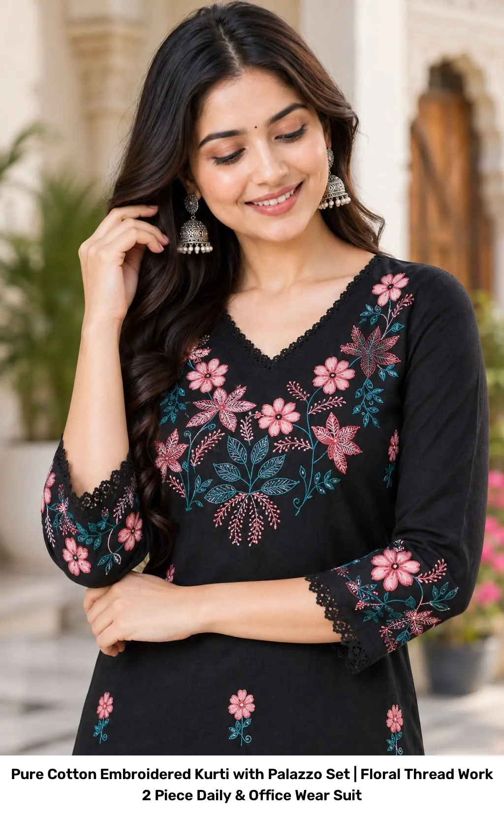 Pure Cotton Embroidered Kurti with Palazzo Set | Floral Thread Work 2 Piece Daily & Office Wear Suit 3