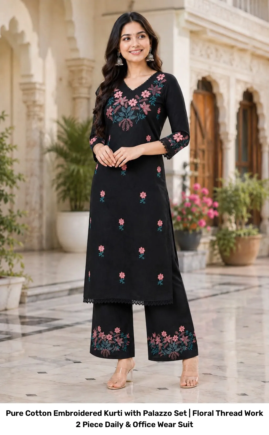 Pure Cotton Embroidered Kurti with Palazzo Set | Floral Thread Work 2 Piece Daily & Office Wear Suit 4