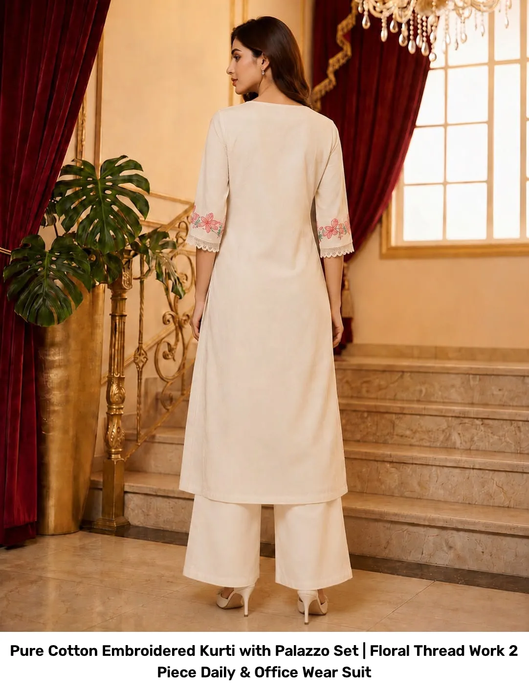Pure Cotton Embroidered Kurti with Palazzo Set | Floral Thread Work 2 Piece Daily & Office Wear Suit 5