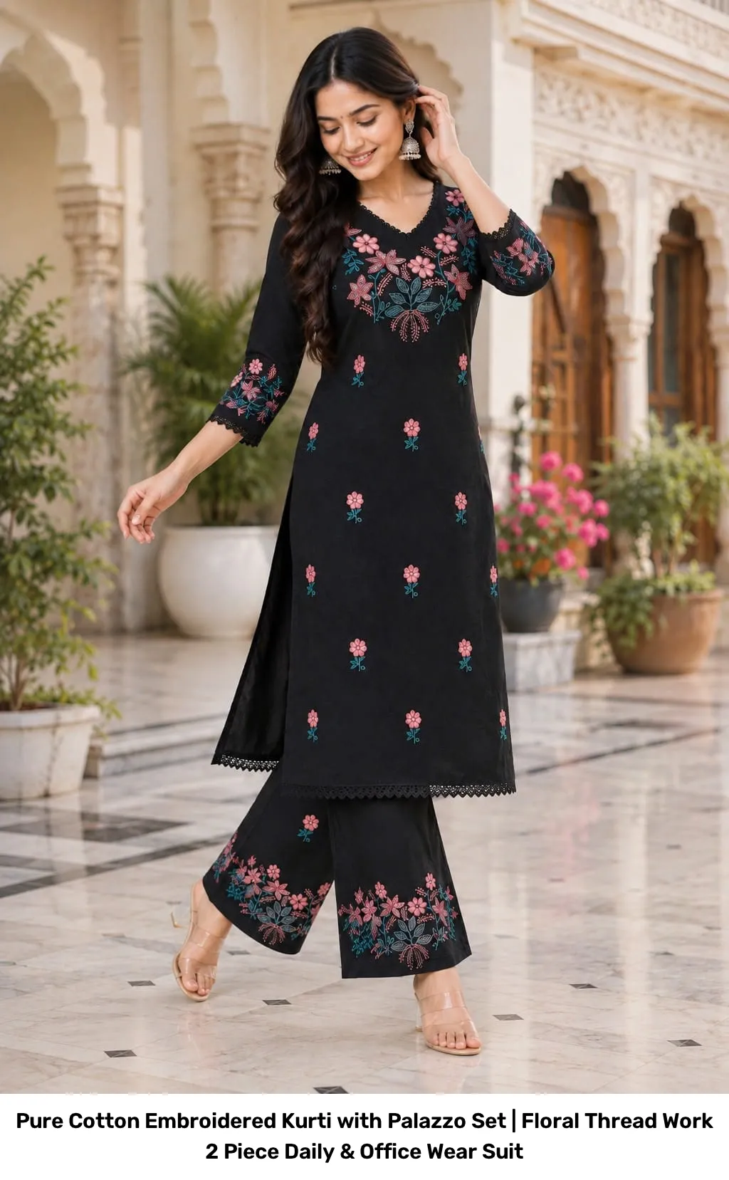 Pure Cotton Embroidered Kurti with Palazzo Set | Floral Thread Work 2 Piece Daily & Office Wear Suit 7