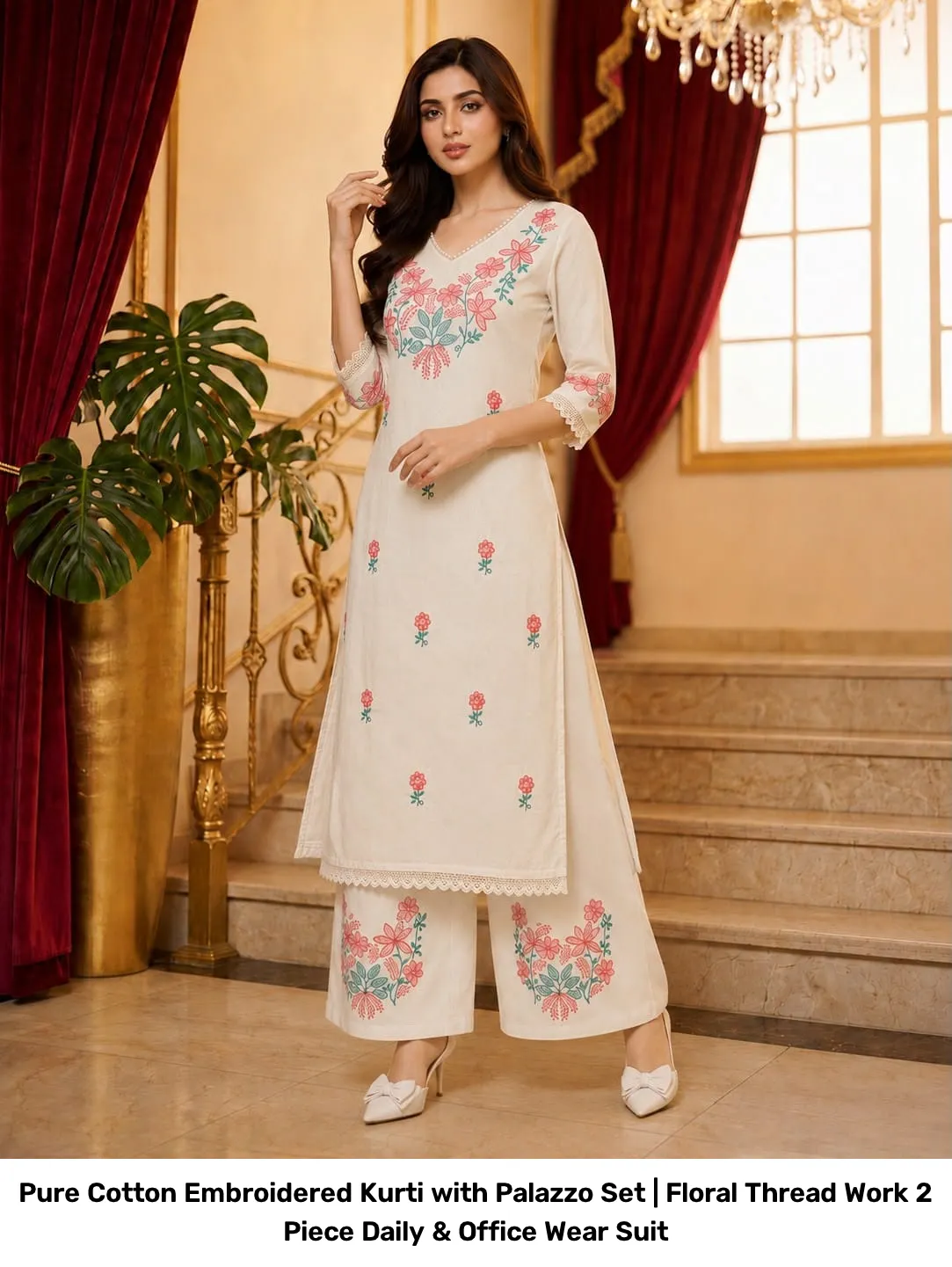 Pure Cotton Embroidered Kurti with Palazzo Set | Floral Thread Work 2 Piece Daily & Office Wear Suit 8