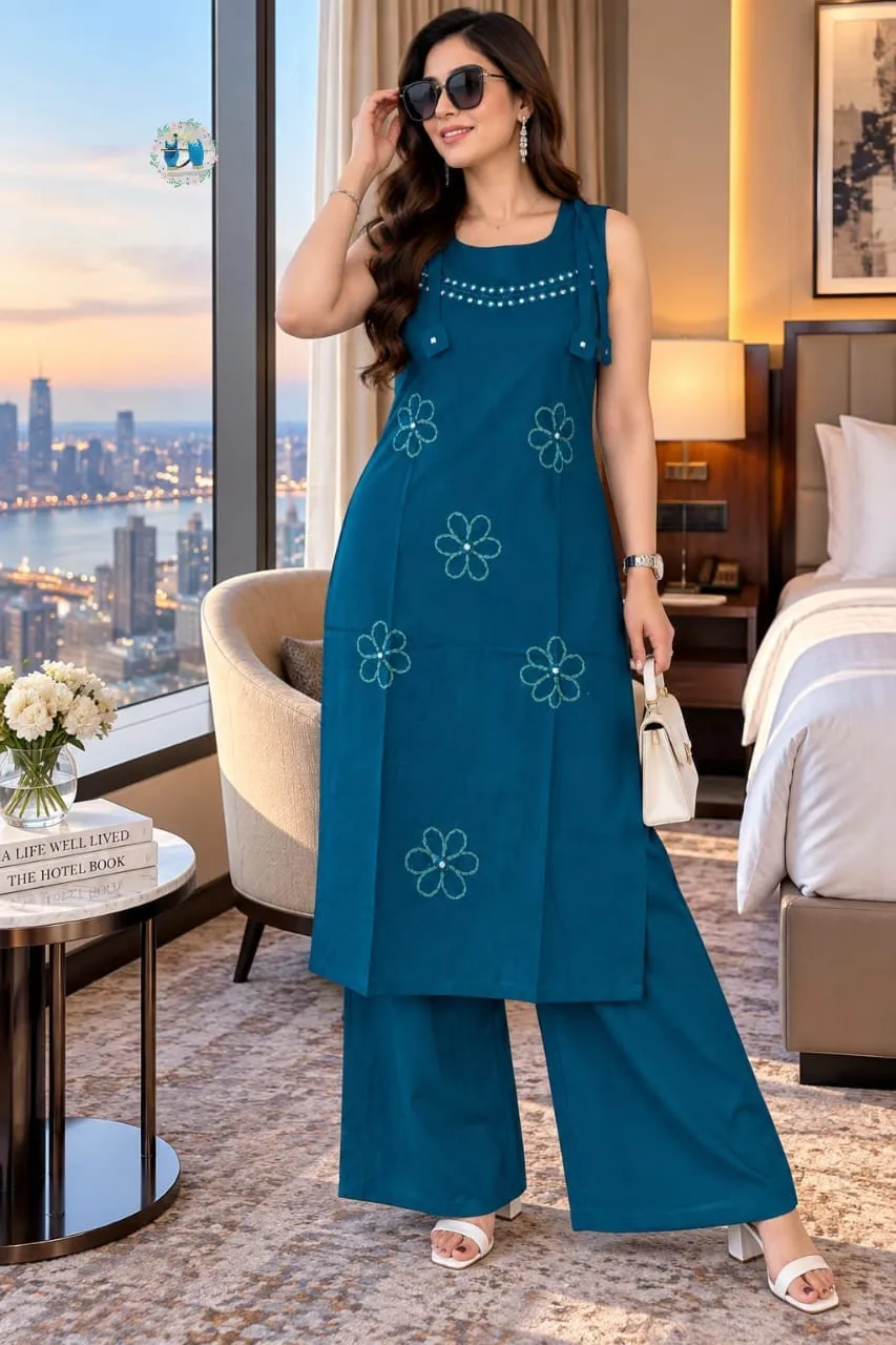 Pure Cotton Embroidered Straight Kurta with Palazzo Pant Set (Sleeveless with Inside Sleeves)