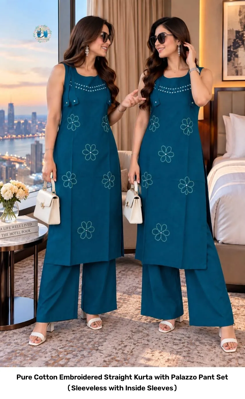 Pure Cotton Embroidered Straight Kurta with Palazzo Pant Set (Sleeveless with Inside Sleeves) 2