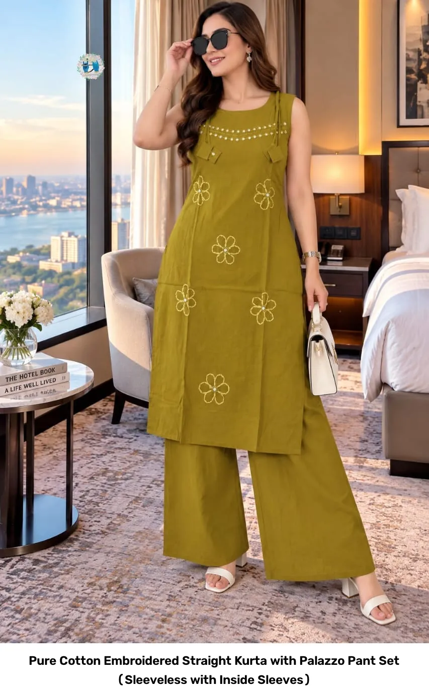 Pure Cotton Embroidered Straight Kurta with Palazzo Pant Set (Sleeveless with Inside Sleeves) 3