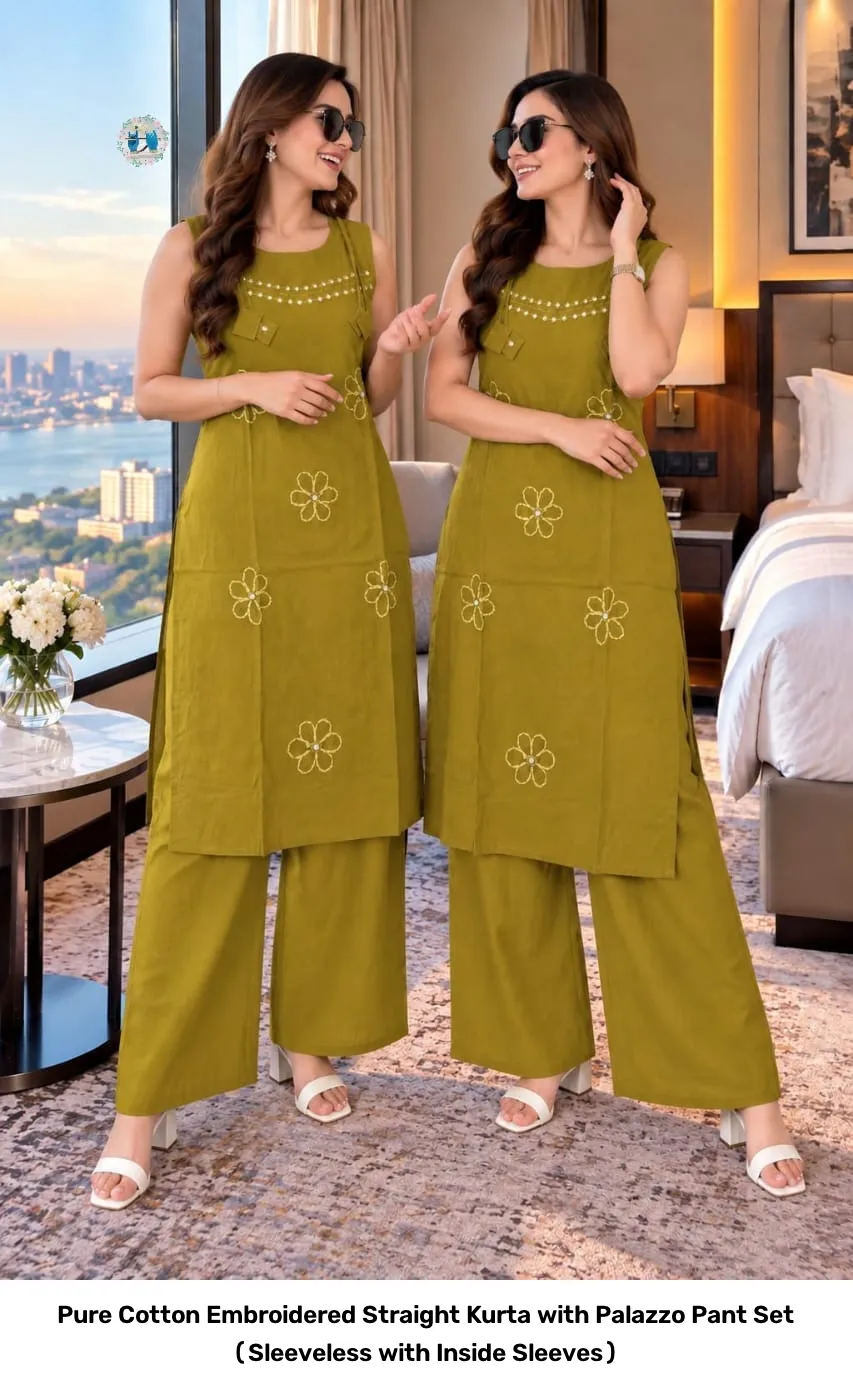 Pure Cotton Embroidered Straight Kurta with Palazzo Pant Set (Sleeveless with Inside Sleeves) 4