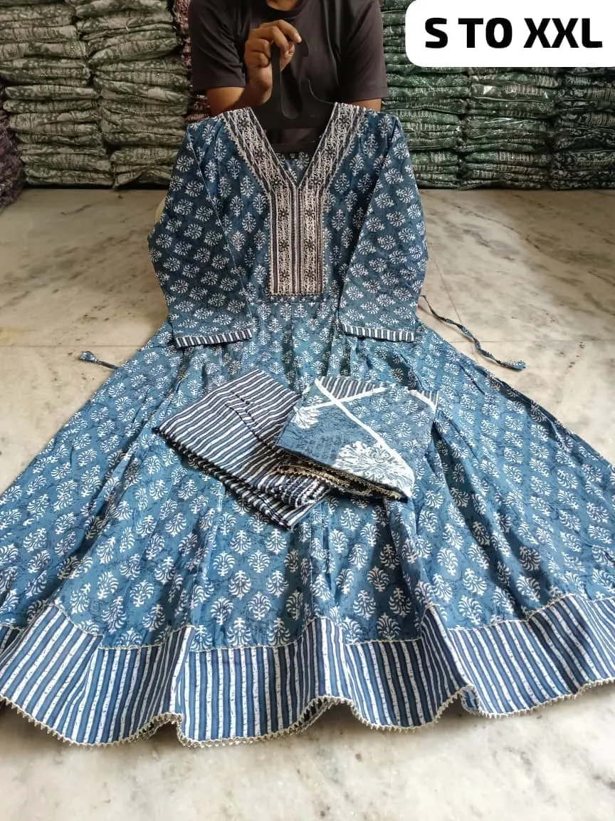 Pure Cotton Floral Anarkali Kurti Pant Dupatta Set | Embroidered V-Neck Flared Kurta Set (Sizes S–XXL)