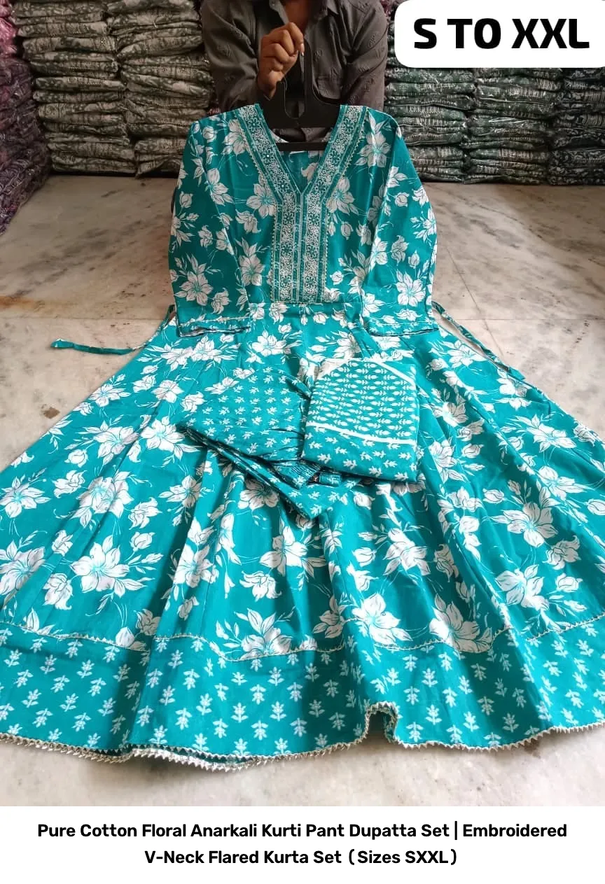 Pure Cotton Floral Anarkali Kurti Pant Dupatta Set | Embroidered V-Neck Flared Kurta Set (Sizes S–XXL) 12