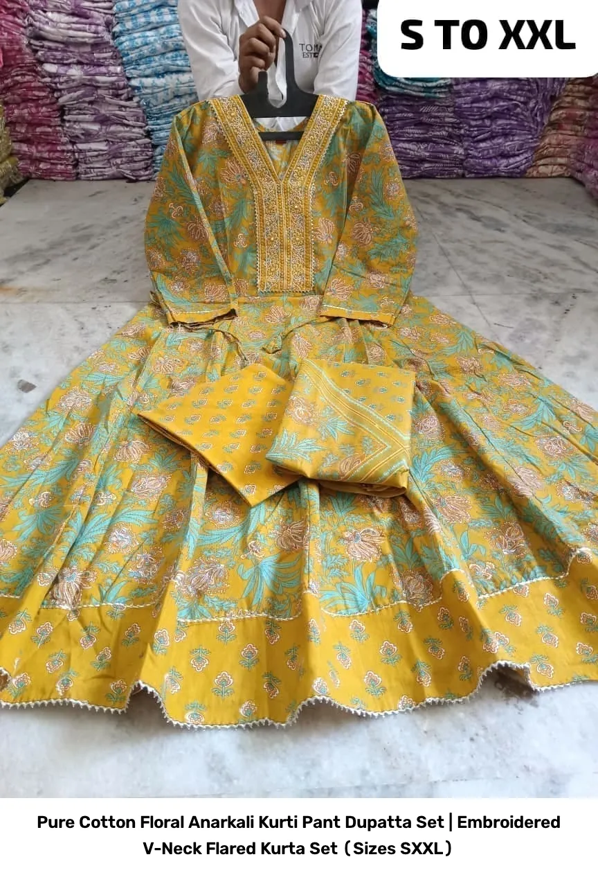 Pure Cotton Floral Anarkali Kurti Pant Dupatta Set | Embroidered V-Neck Flared Kurta Set (Sizes S–XXL) 13