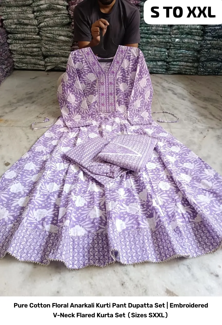 Pure Cotton Floral Anarkali Kurti Pant Dupatta Set | Embroidered V-Neck Flared Kurta Set (Sizes S–XXL) 14
