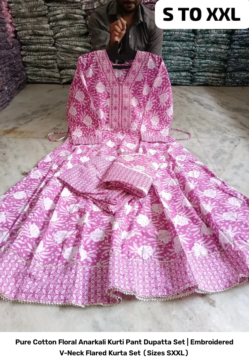 Pure Cotton Floral Anarkali Kurti Pant Dupatta Set | Embroidered V-Neck Flared Kurta Set (Sizes S–XXL) 15
