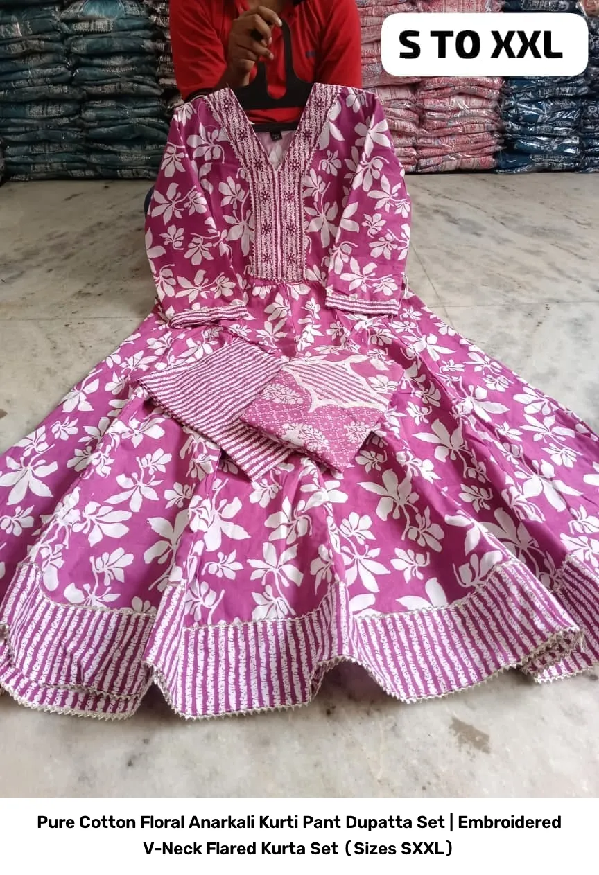 Pure Cotton Floral Anarkali Kurti Pant Dupatta Set | Embroidered V-Neck Flared Kurta Set (Sizes S–XXL) 16