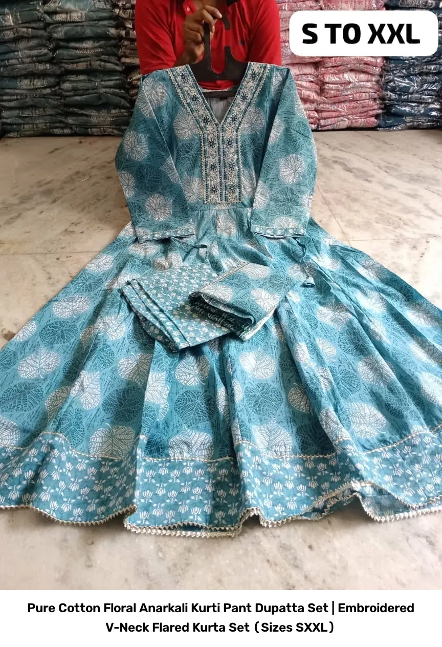 Pure Cotton Floral Anarkali Kurti Pant Dupatta Set | Embroidered V-Neck Flared Kurta Set (Sizes S–XXL) 19