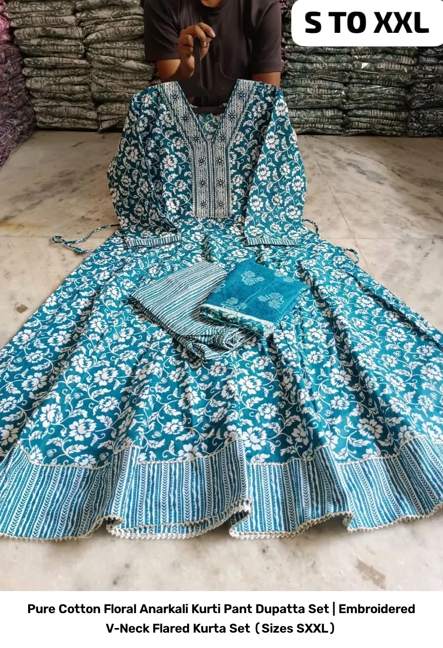 Pure Cotton Floral Anarkali Kurti Pant Dupatta Set | Embroidered V-Neck Flared Kurta Set (Sizes S–XXL) 2