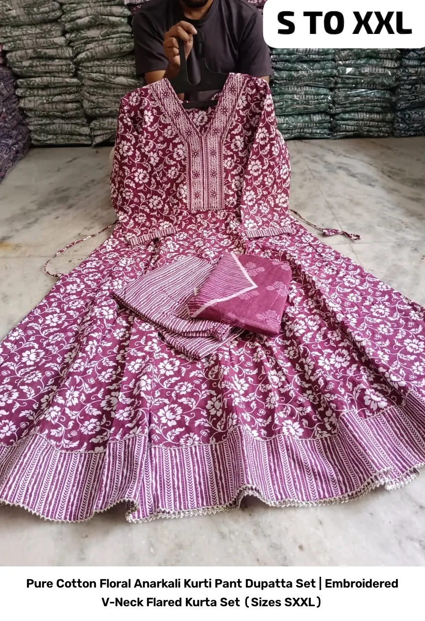 Pure Cotton Floral Anarkali Kurti Pant Dupatta Set | Embroidered V-Neck Flared Kurta Set (Sizes S–XXL) 22