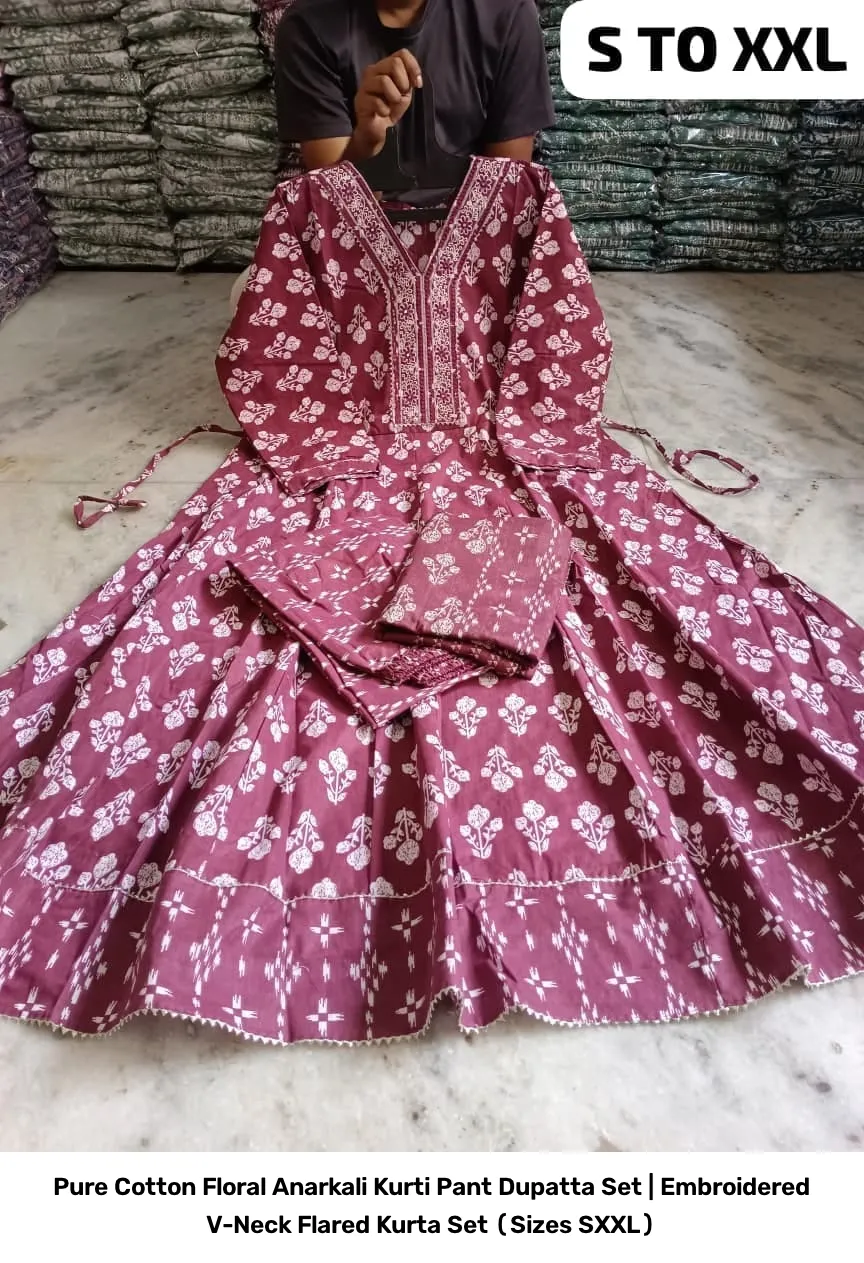 Pure Cotton Floral Anarkali Kurti Pant Dupatta Set | Embroidered V-Neck Flared Kurta Set (Sizes S–XXL) 24