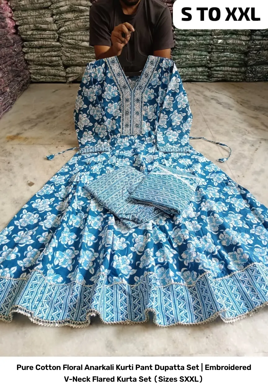 Pure Cotton Floral Anarkali Kurti Pant Dupatta Set | Embroidered V-Neck Flared Kurta Set (Sizes S–XXL) 3