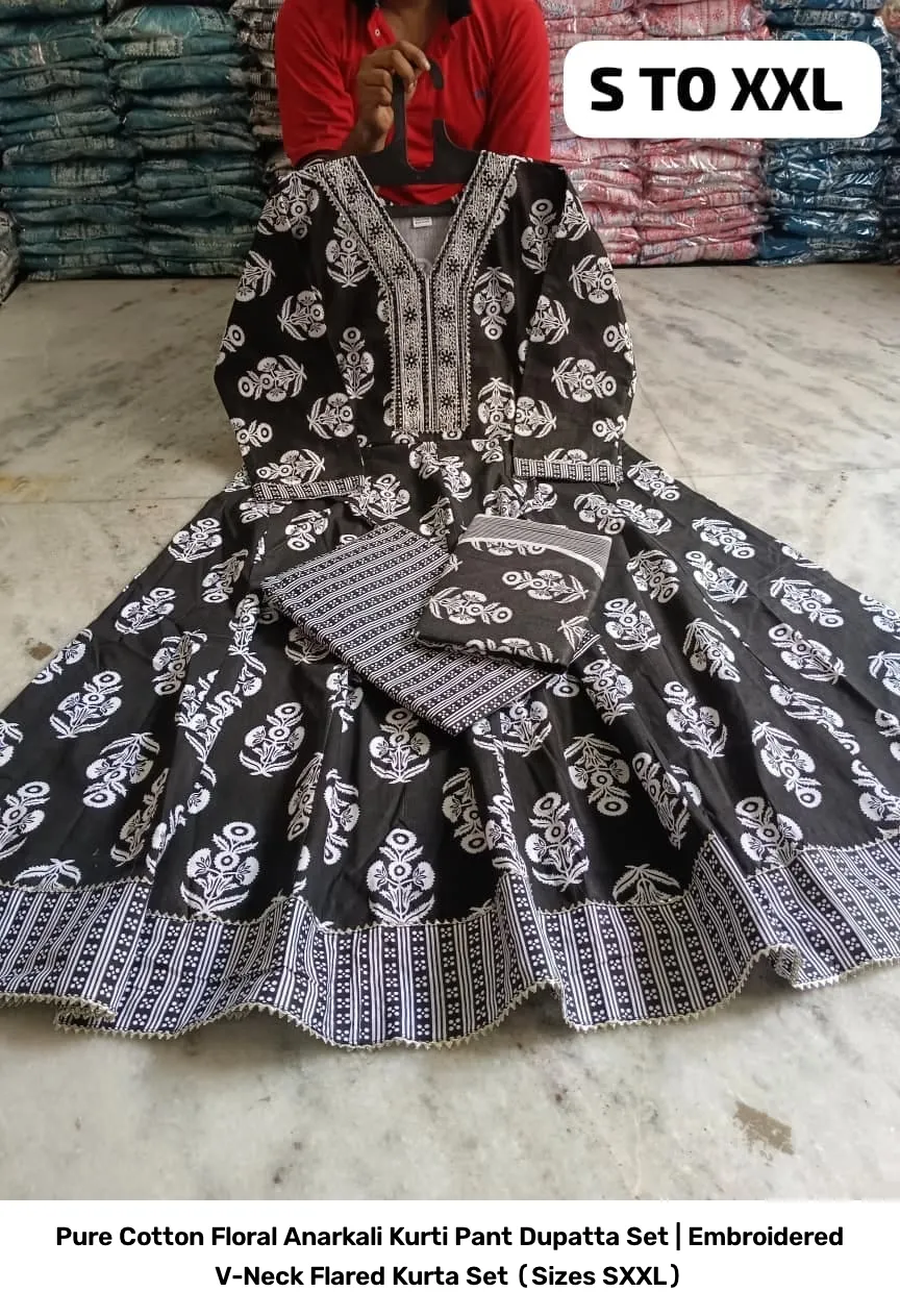 Pure Cotton Floral Anarkali Kurti Pant Dupatta Set | Embroidered V-Neck Flared Kurta Set (Sizes S–XXL) 7