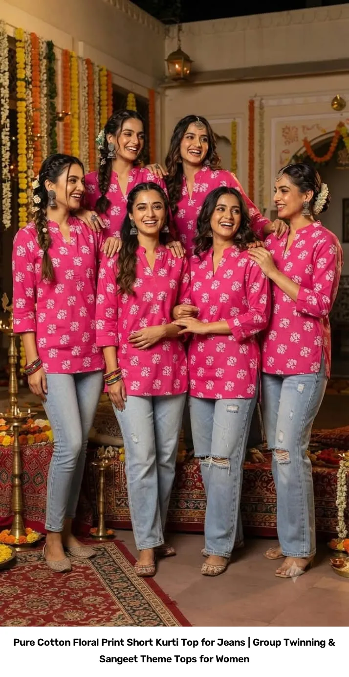 Pure Cotton Floral Print Short Kurti Top for Jeans | Group Twinning & Sangeet Theme Tops for Women 2
