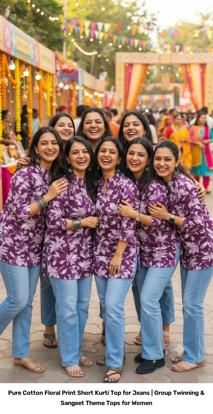 Pure Cotton Floral Print Short Kurti Top for Jeans | Group Twinning & Sangeet Theme Tops for Women 3