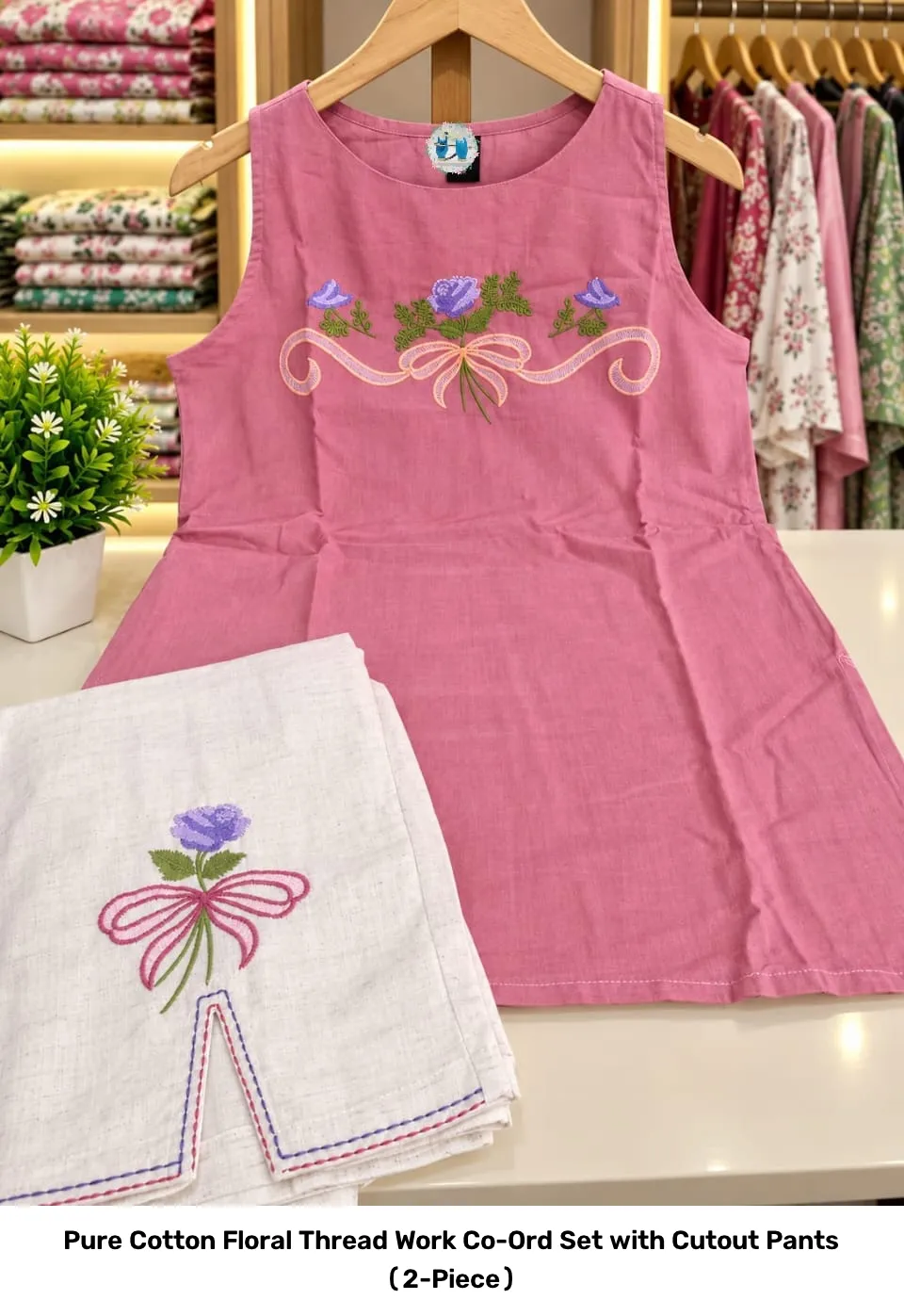 Pure Cotton Floral Thread Work Co-Ord Set with Cutout Pants (2-Piece) 4