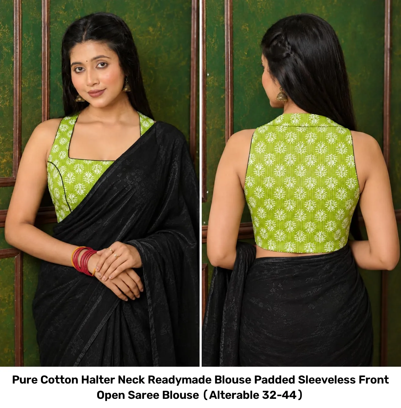 Pure Cotton Halter Neck Readymade Blouse – Padded Sleeveless Front Open Saree Blouse (Alterable 32-44) 2