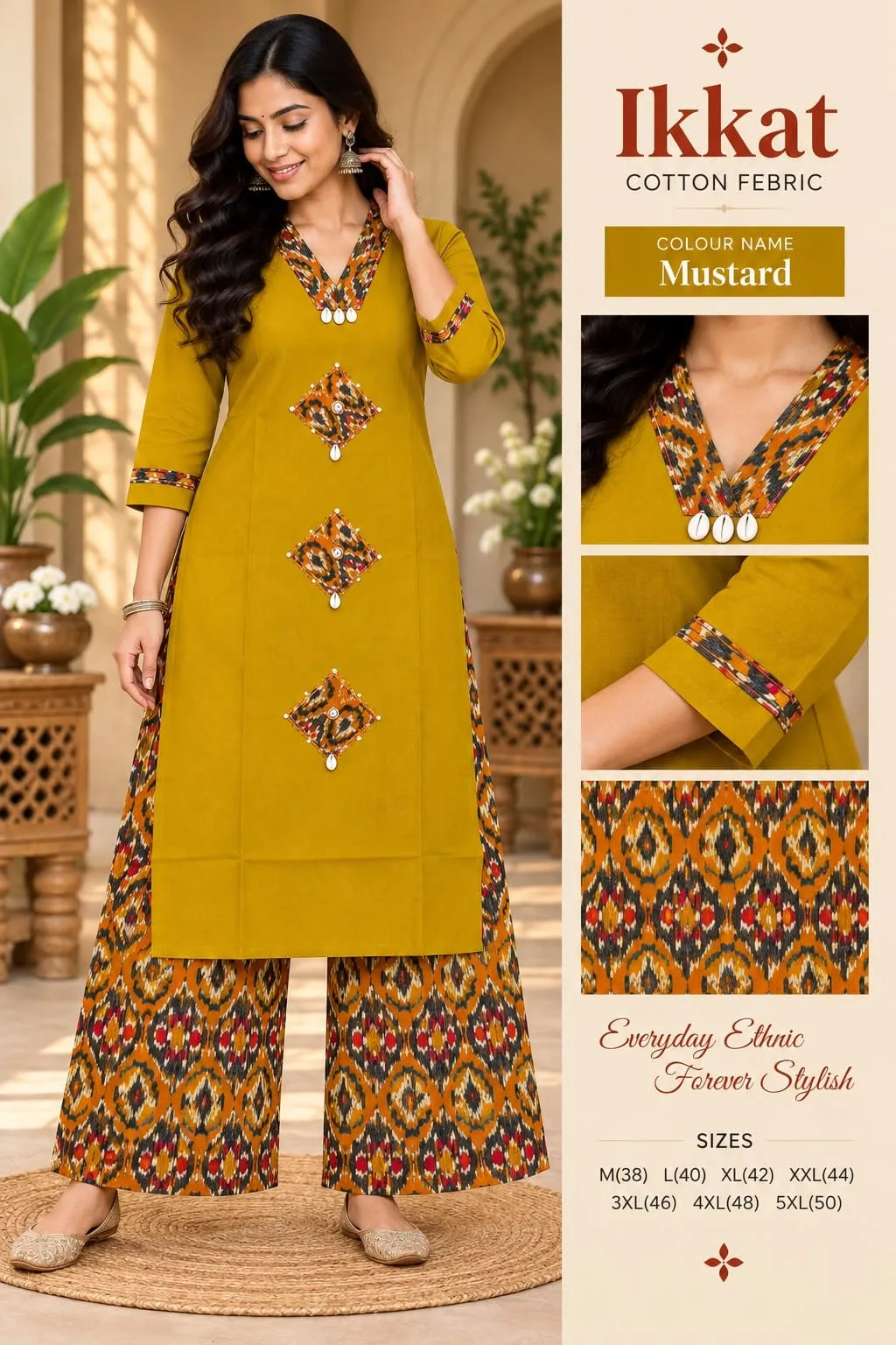 Pure Cotton Ikkat Print Kurti Pant Co-ord Set with Pocket | V-Neck Ethnic Suit Set (M to 5XL) 1