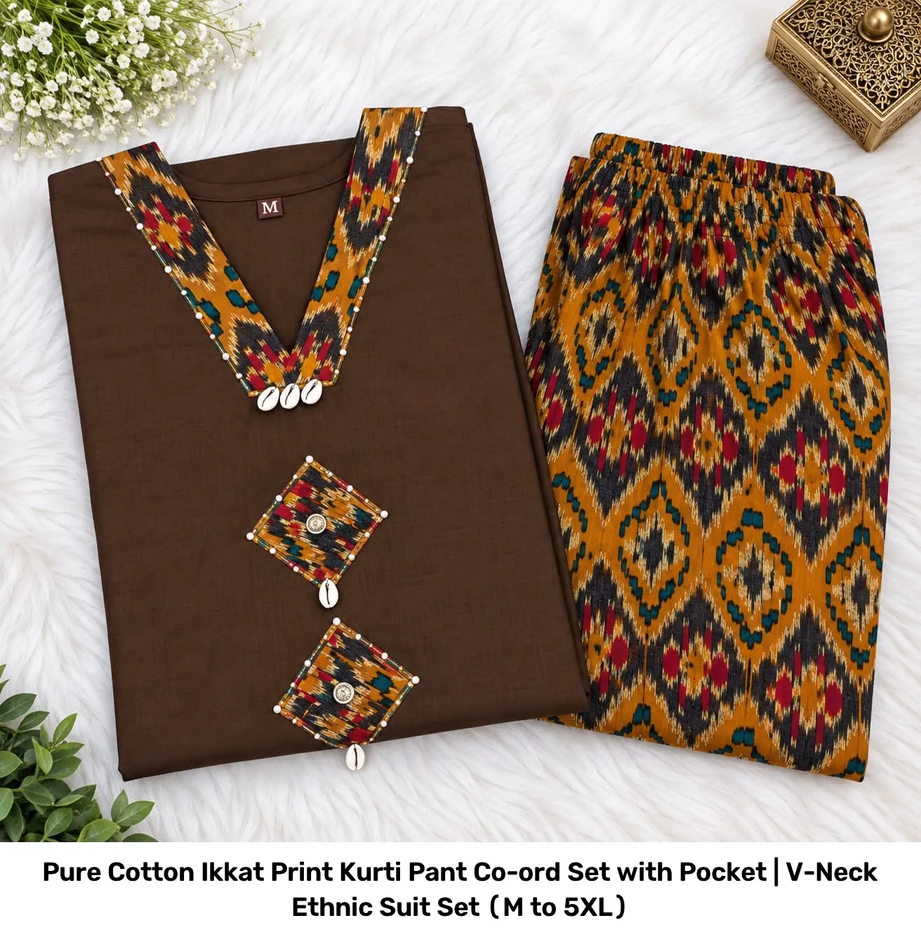 Pure Cotton Ikkat Print Kurti Pant Co-ord Set with Pocket | V-Neck Ethnic Suit Set (M to 5XL) 10
