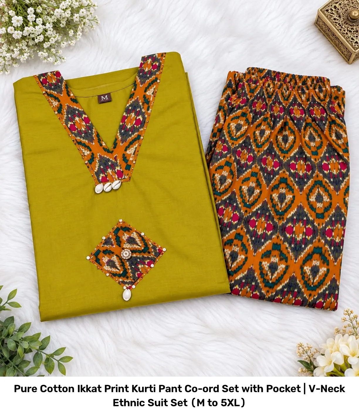 Pure Cotton Ikkat Print Kurti Pant Co-ord Set with Pocket | V-Neck Ethnic Suit Set (M to 5XL) 11