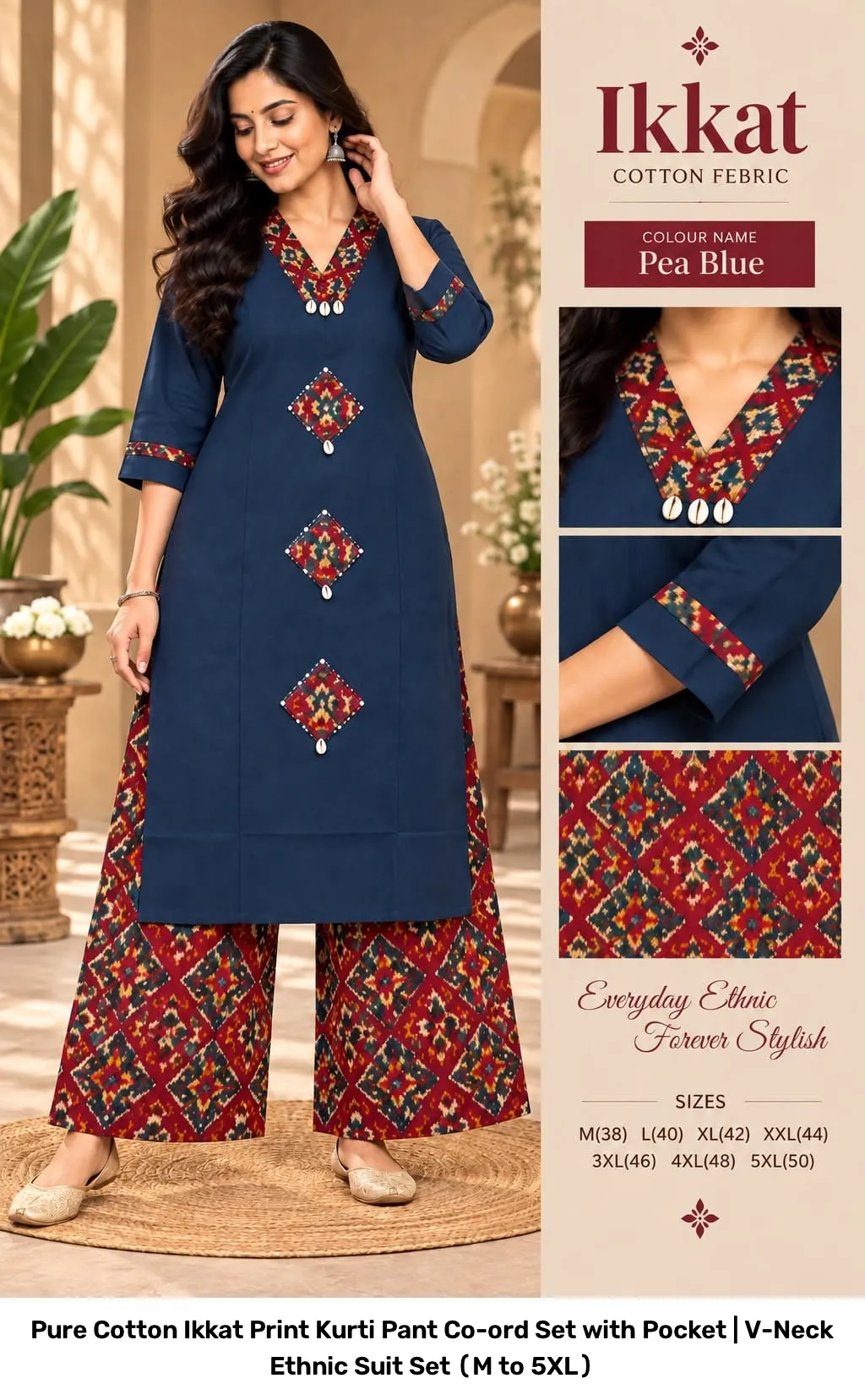 Pure Cotton Ikkat Print Kurti Pant Co-ord Set with Pocket | V-Neck Ethnic Suit Set (M to 5XL) 12