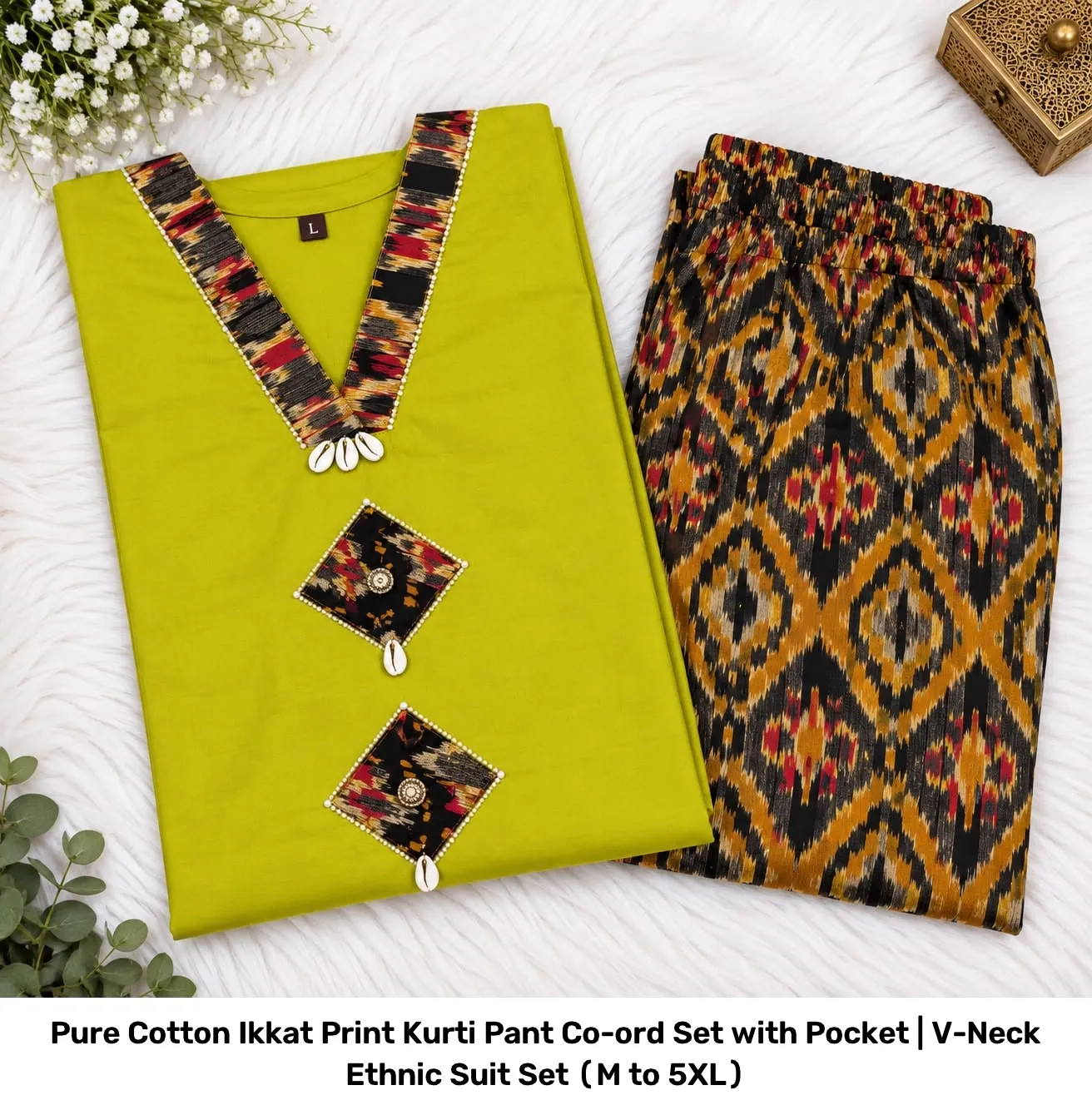 Pure Cotton Ikkat Print Kurti Pant Co-ord Set with Pocket | V-Neck Ethnic Suit Set (M to 5XL) 13