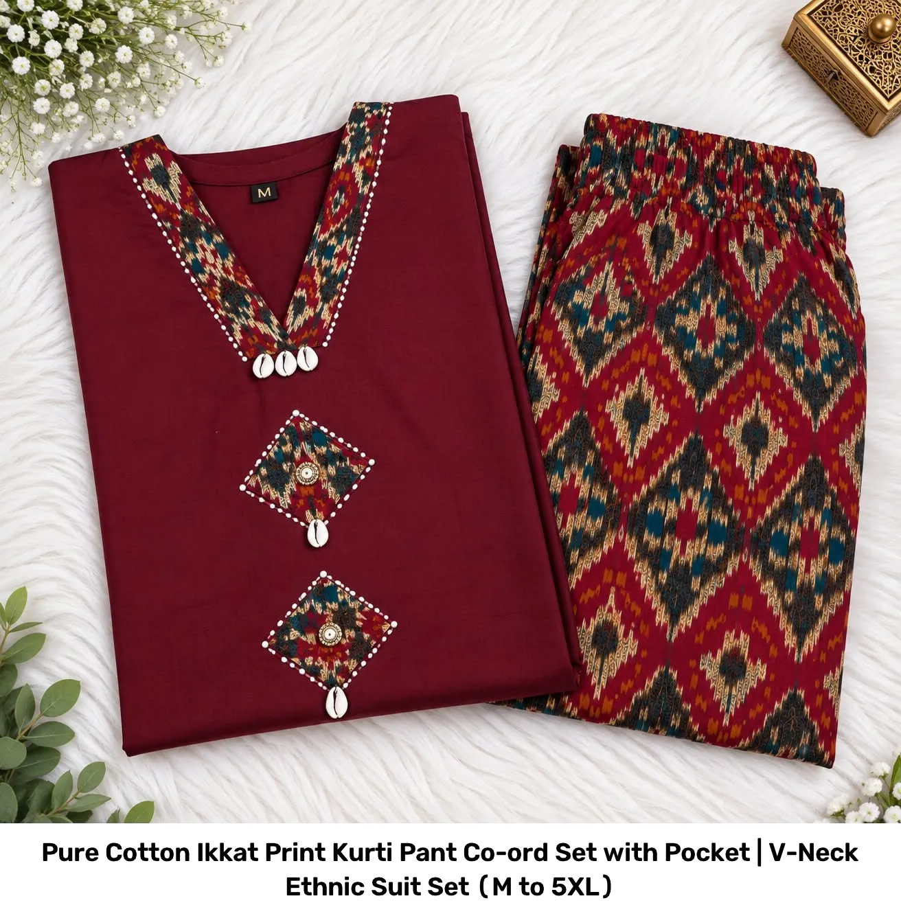 Pure Cotton Ikkat Print Kurti Pant Co-ord Set with Pocket | V-Neck Ethnic Suit Set (M to 5XL) 14