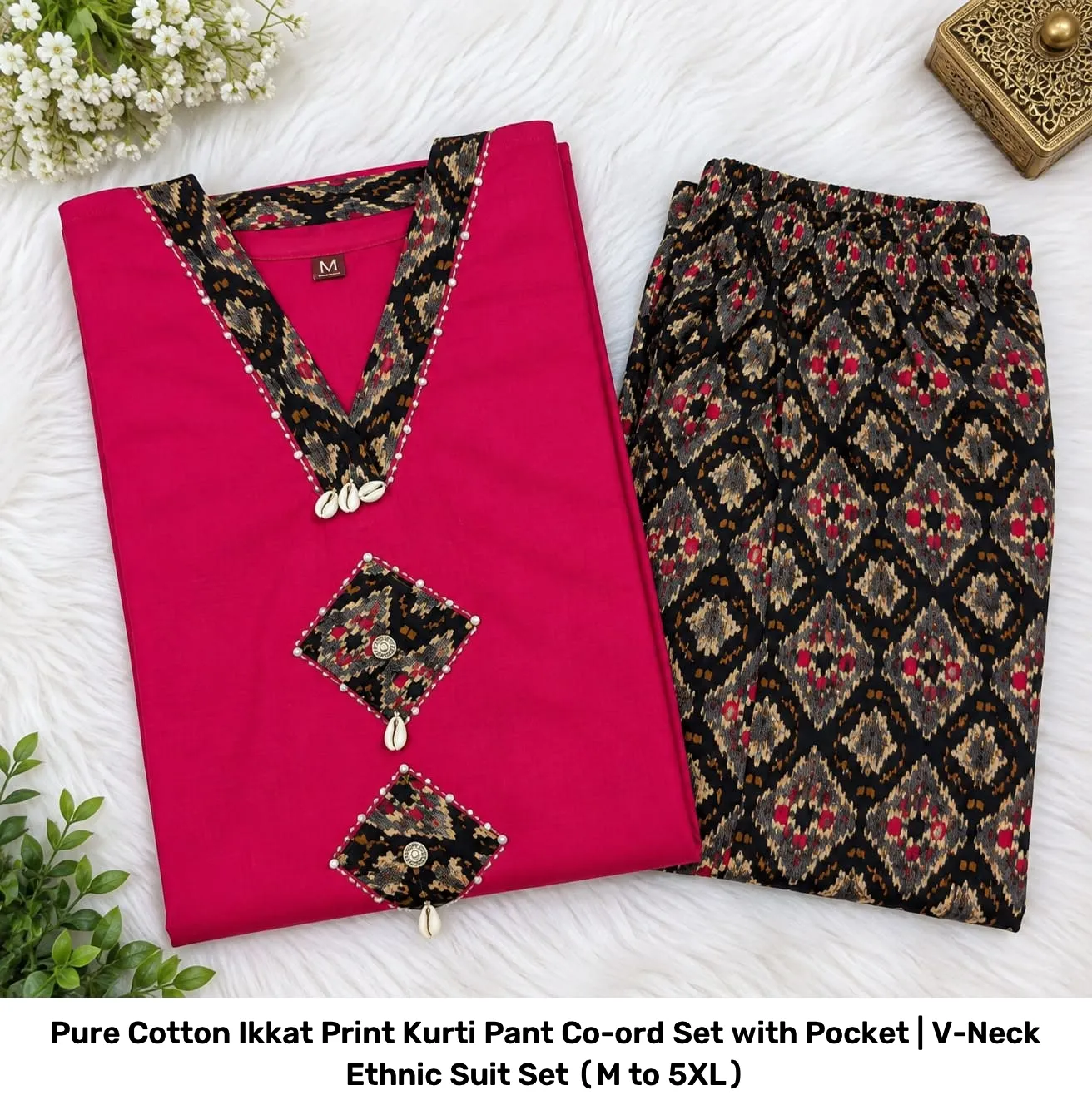 Pure Cotton Ikkat Print Kurti Pant Co-ord Set with Pocket | V-Neck Ethnic Suit Set (M to 5XL) 15